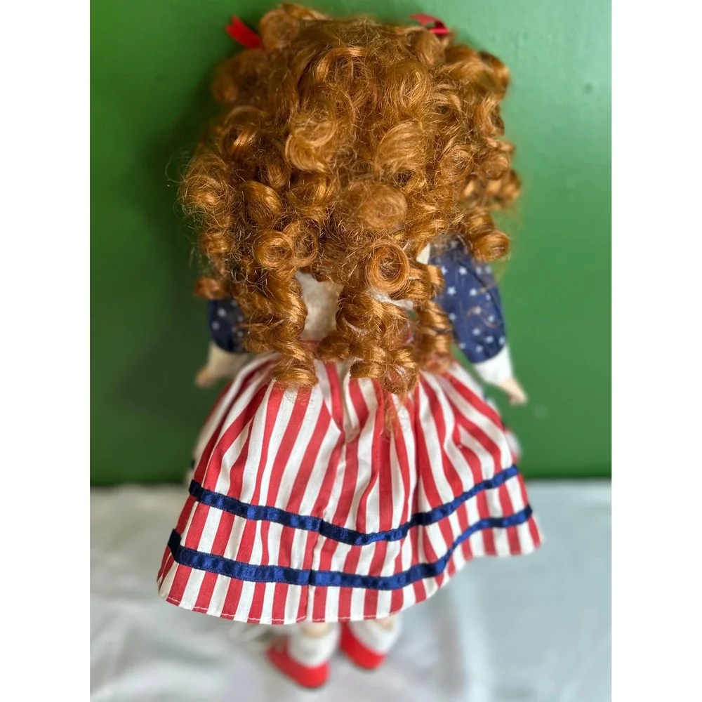 Vintage Porcelain Doll Patriotic USA Americana Red White Blue Auburn Hair 12in